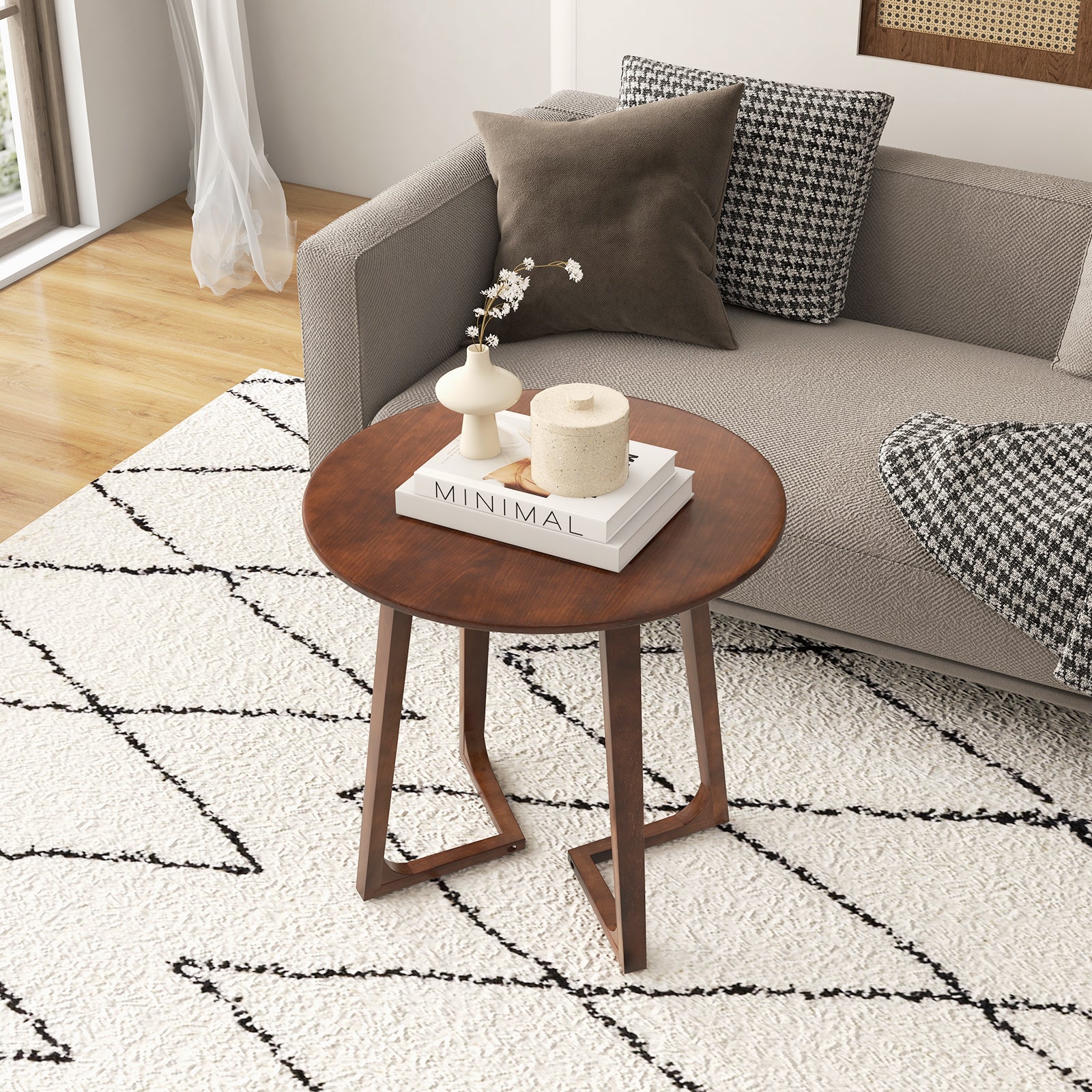 24" Round Coffee Table with V-shaped Legs for Lamps-Brown